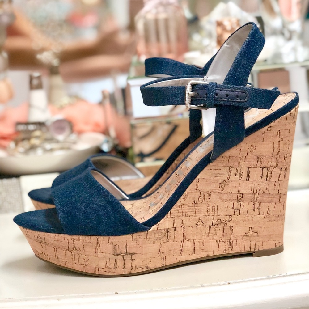 Gorgeous New Navy Jean Platform Wedge Heels